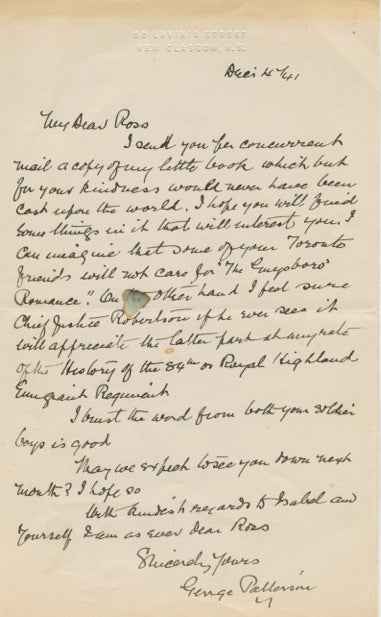 Item #4935 Autographed Letter Signed (ALS) of George G. Patterson to Ross. George G. PATTERSON.