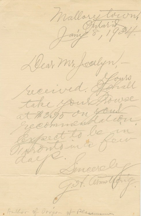 Item #4943 Autographed Letter Signed (ASL) of Geroge Henry Armstrong. George Henry ARMSTRONG.