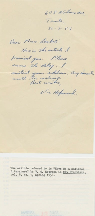 Item #4962 Initialed Signed Note of Victor G. Hopwood. Victor G.  HOPWOOD.