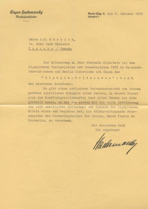 Item #4983 Typed Letter Signed (TLS) of Eugen Hadamovsky in German to J.G. Merrick, Toronto....