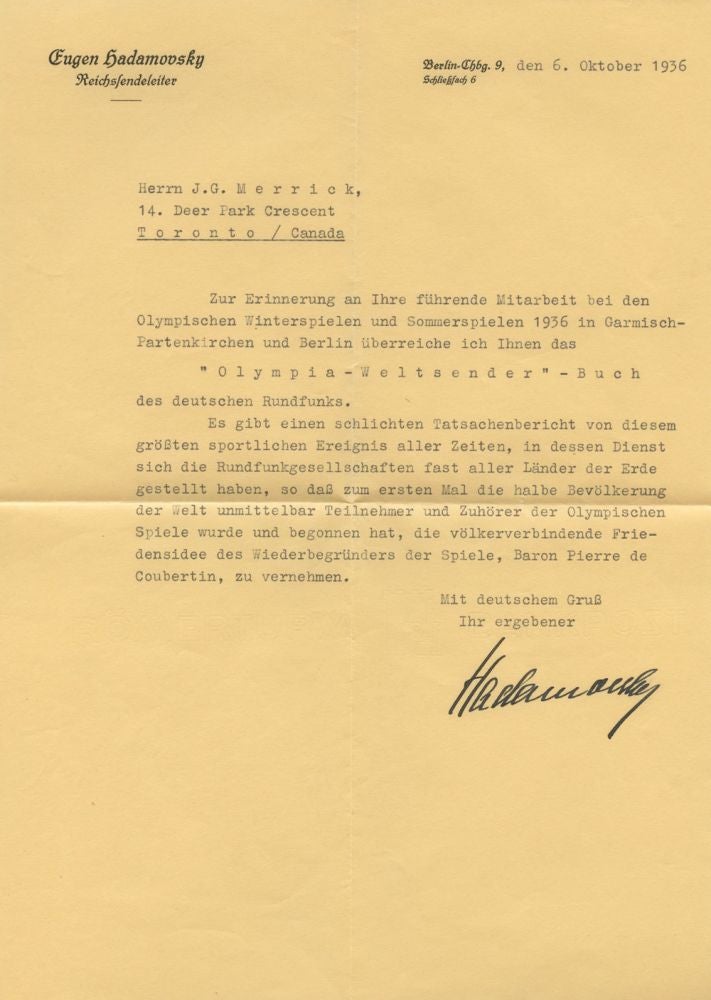 Item #4983 Typed Letter Signed (TLS) of Eugen Hadamovsky in German to J.G. Merrick, Toronto. Eugen HADAMOVSKY, James G. B. MERRICK, provenance.