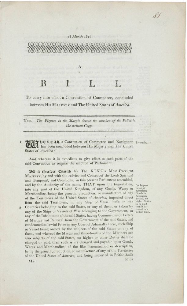 Item #5494 A collection of three rare and important 1816 British War of 1812 legal documents (a bill and two acts) dealing with post War of 1812 to carry into effect a Convention of Commerce, concluded between His Majesty and the United States of America. British Government.