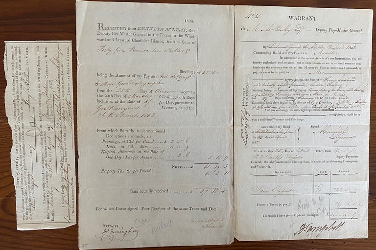 Item #5848 Three printed and signed documents two regarding British forces in the Windward and Leeward Charibbee (Caribbean) islands 1808, & 1817 and One in 1815, Mauritius, East Africa. A.  CAMPBELL, Smith.