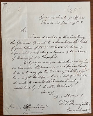 Item #5852 Holograph letter from R.T. Pennefather in Governor's office in Toronto, to Francis...