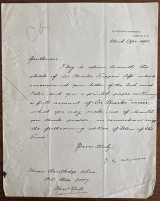 Item #5854 Joseph Grose Colmer als to Routledge the publisher, NY, regarding Sir Charles Tupper....