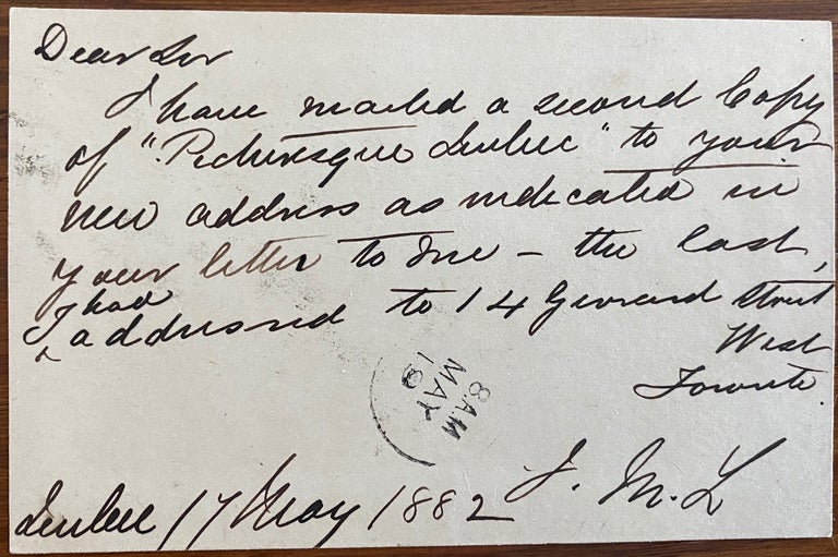 Item #5877 James MacPherson Lemoine hand-written and initialed post card. Sir . . LEMOINE, ames, acPherson.