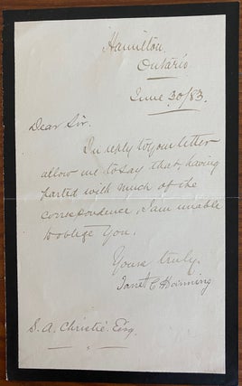 Item #5889 Janet C. Hanning signed manuscript letter. Janett HANNING, JENNY, nèe Carlyle