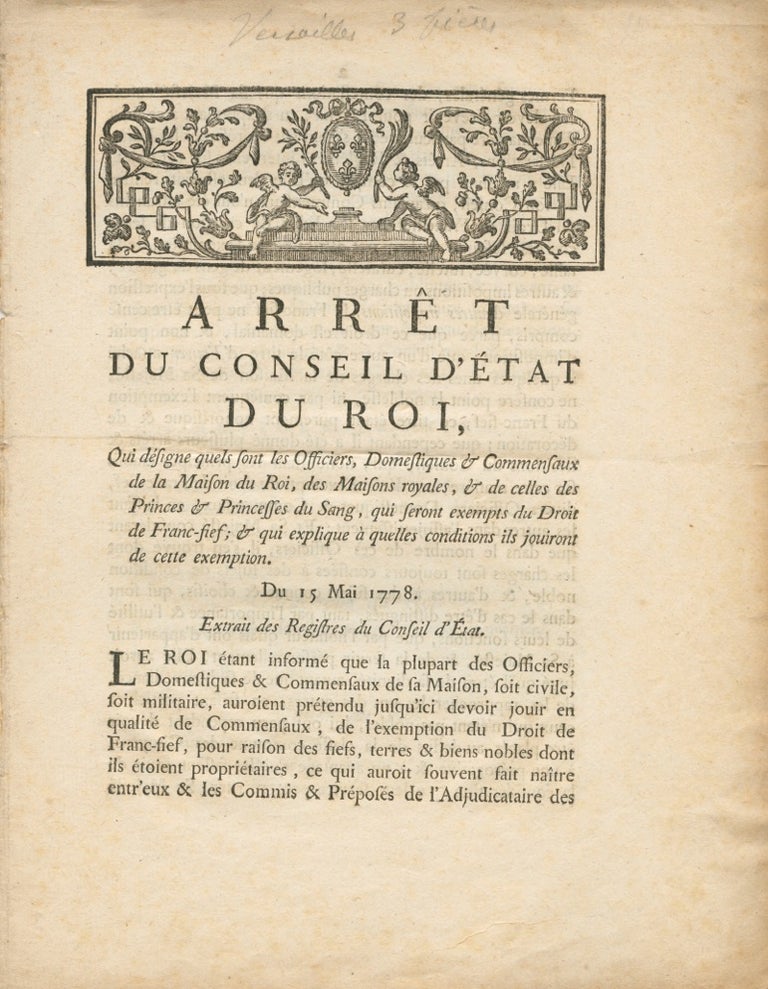 Item #6750 Arrêt du Conseil d'État du roi - du 15 Mai 1778. France. Conseil d'Etat.