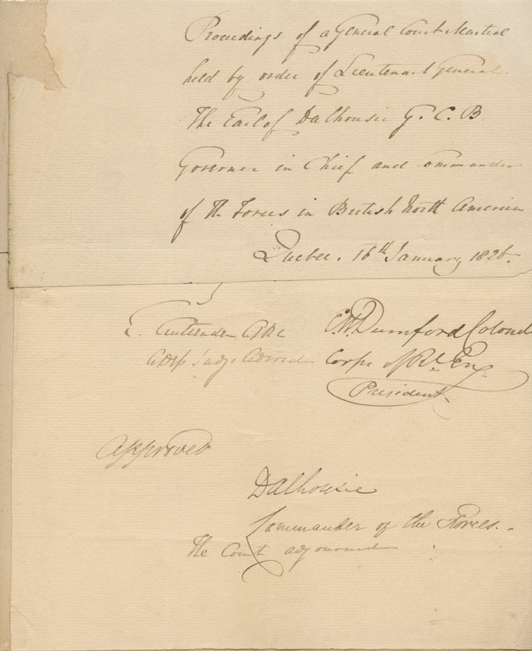 Item #7375 Partial General Court Martial document signed Lieutenant General The Earl Dalhousie. George RAMSAY, 9th Earl of Dalhousie.