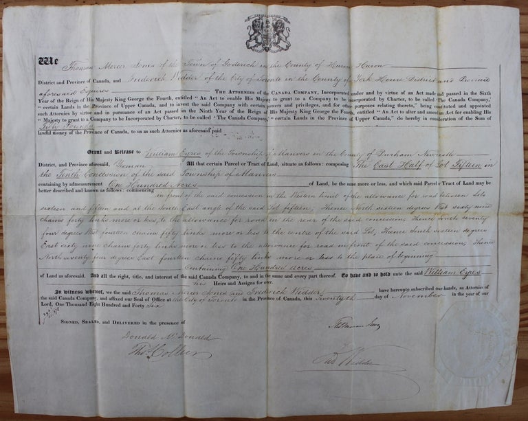 Item #7462 Canada Company Land Grant to William Eyres of the Township of Manvers in the County of Durham Newcastle for 100 acres. William EYRES, Thomas Mercer JONES, Donald MCDONALD, Frederick WIDDER.