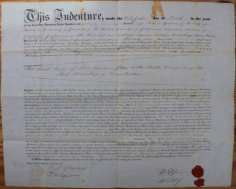 Item #7464 Indenture for the sale of land in the Township of Enniskillen in the County of Lampton from Ogle Gowan to A.A. Riddell (March 31, 1854). Ogle Robert GOWAN, A. A. RIDDEL, Archibald Alexander.