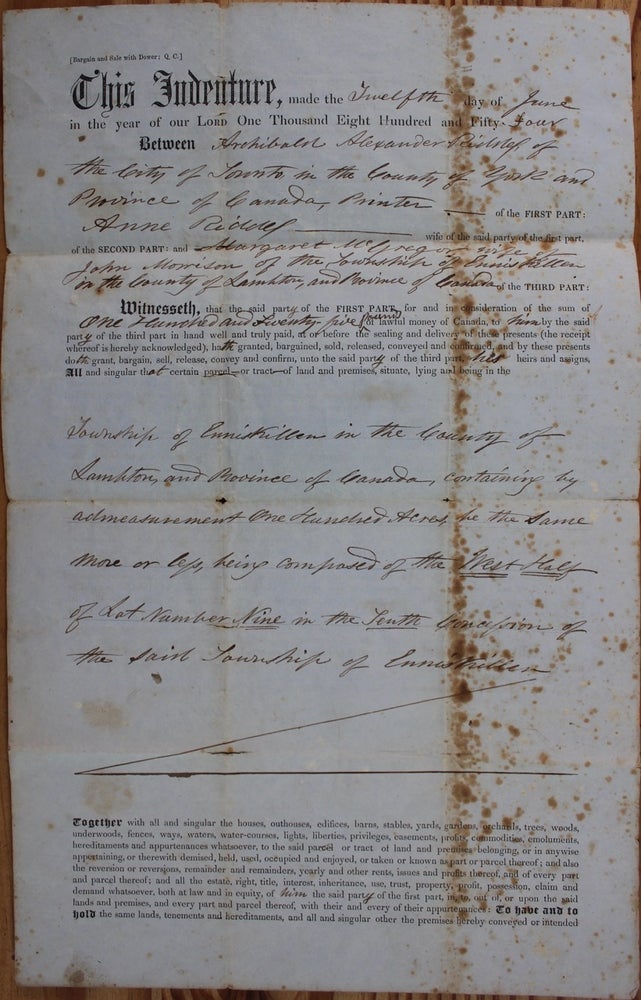 Item #7465 Indenture for the sale of land in the Township of Enniskillen in the County of Lampton from A.A. Riddell to Margaret McGregor wife of John Morrison (June 12, 1854). A. A. RIDDELL, Margaret  McGREGOR, Alexander Archibald, wife of John Morrision.