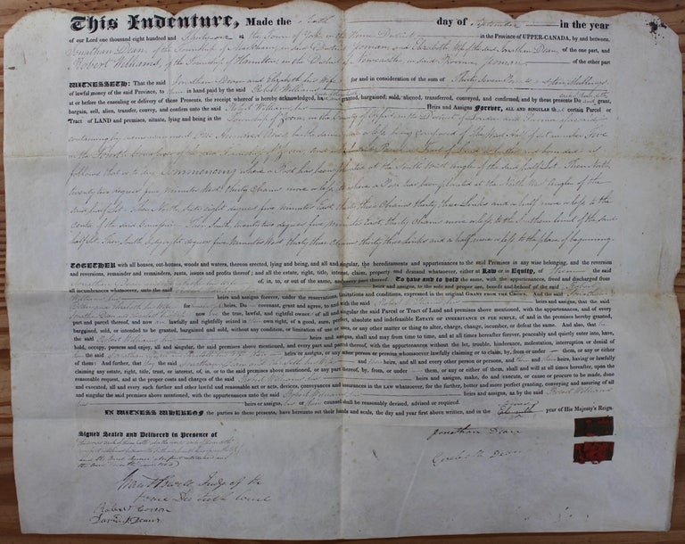 Item #7466 Indenture for the sale of land in the Township of Zorra, County of Oxford, District of London from Jonathan and Elizabeth Dean to Robert Williams (September 6, 1831). Grant POWELL, Jonathan DEAN, Elizabeth, Robert WILLIAMS.