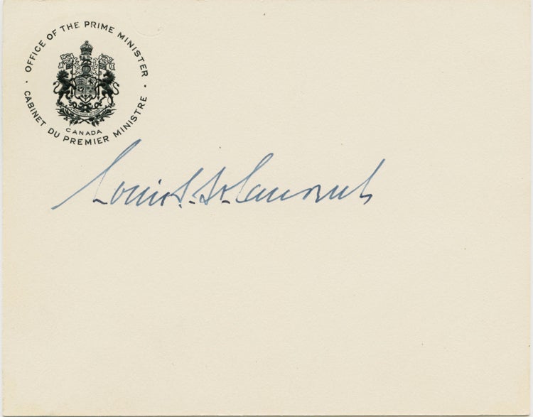 Item #7496 Louis St. Laurent "in-office" signature on Prime Minister office card. Louis Stephen ST. LAURENT.