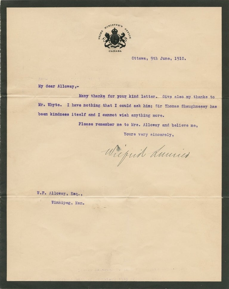 Item #7604 Wilfrid Laurier "in office" 1910 typed letter signed. Sir Wilfrid LAURIER.