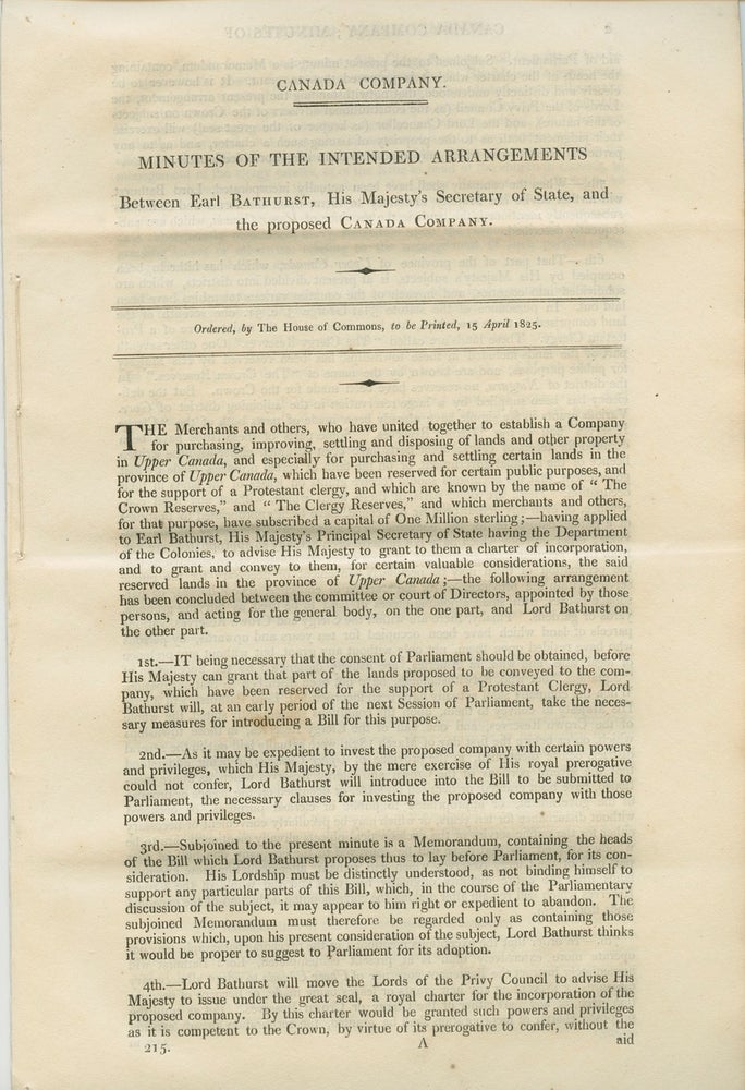 Item #7644 Canada Company, minutes of the intended arrangements between Earl Bathurst, His Majesty's Secretary of State, and the proposed Canada Company. Henry Bathurst Earl BATHURST, John Esq GALT, John Esq GALT, Canada Company.