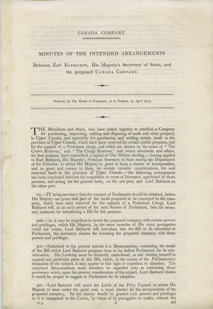 Item #7645 Canada Company, minutes of the intended arrangements between Earl Bathurst, His Majesty's Secretary of State, and the proposed Canada Company. Henry Bathurst Earl BATHURST, John Esq GALT, John Esq GALT, Canada Company.