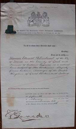 Item #7684 Thomas Edward Aikenhead legal / reference document from Lieutenant Governor of Ontario...