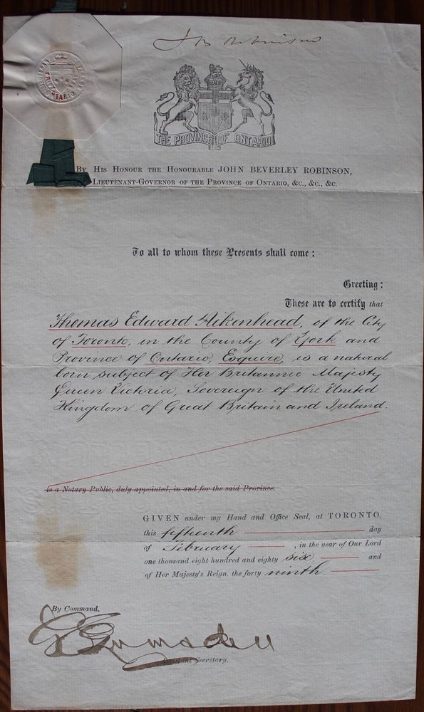Item #7684 Thomas Edward Aikenhead legal / reference document from Lieutenant Governor of Ontario John Beverley Robinson. John Beverley ROBINSON, George E. LUMSDEN, Thomas Edward  AIKENHEAD, b1859.