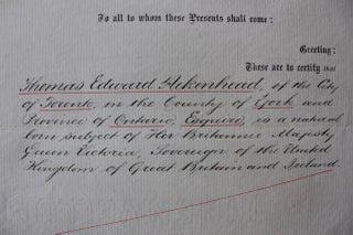 Thomas Edward Aikenhead legal / reference document from Lieutenant Governor of Ontario John Beverley Robinson
