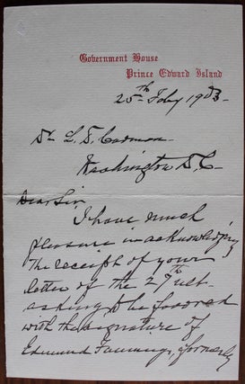 Peter Adolphus McIntyre holograph letter on Government House Prince Edward Island stationary
