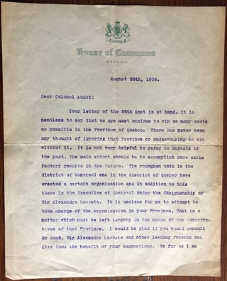 Item #7878 An Important TLS 1908 R. L. Borden Political Quebec Strategy Letter. Sir Robert Laird...