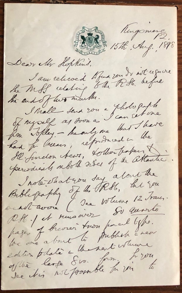 Item #7922 Letter from Bourinot to Hopkins regarding Royal Society of Canada (RSC) new edition. Sir John George BOURINOT, John Castell HOPKINS.