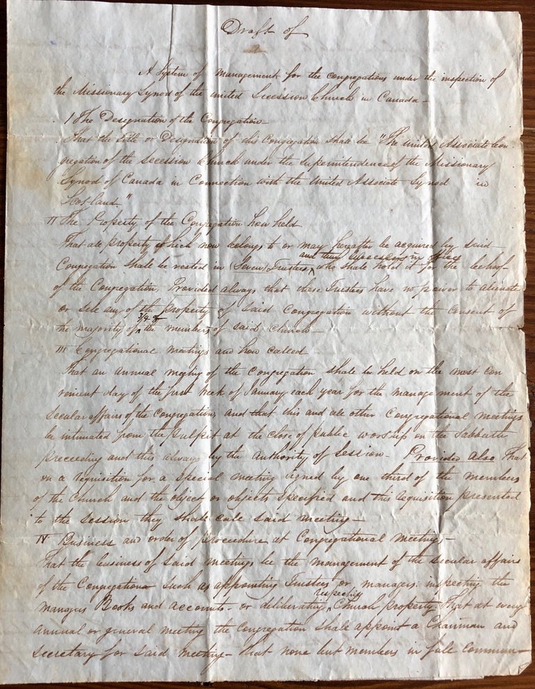 Item #7926 Draft of Church Constitution letter [Missionary Synod of the United Secession Church in Upper Canada]. William PROUDFOOT, provenance.