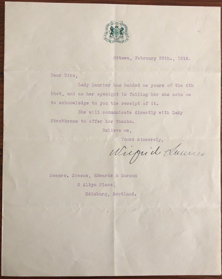 Item #7976 Typed Letter Wilfrid Laurier signed on House of Commons letterhead, February 25th, 1914, to lawyers of 2nd Lady Strathcona. Sir Wilfrid LAURIER.