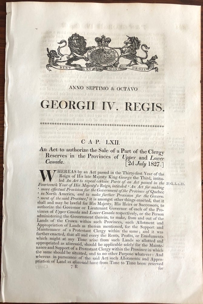 Item #8008 Clergy Reserves, An Act to authorize the Sale of Part of the Clergy Reserves in the Province of Upper and Lower Canada - 2d July 1827. British Government - Act of Parliament.