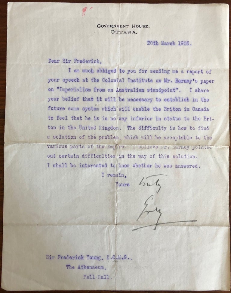 Item #8012 Sir Albert Henry George Grey, 4th Earl Grey typed letter signed (TLS) to Sir Fredrick Young. Sir Albert Henry George GREY, 4th Earl Grey, Sir Frederick YOUNG, provenance.