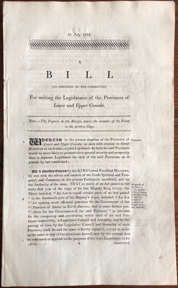 Item #8045 A Bill (as atmended for the Committee) for uniting the Legislatures of the Provinces of Lower and Upper Canada. The House of Commons.