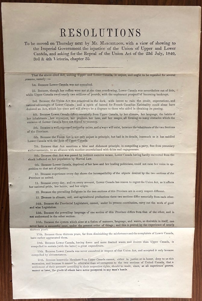 Item #8049 Resolution to be moved on Thursday 28th Sept. by Mr. Marchildon, with a view of showing to the Imperial Government the injustice of the Union of Upper and Lower Canada. Thomas MARCHILDON.