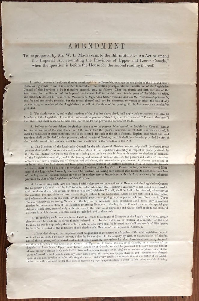 Item #8050 Amendments to be proposed by Mr. W. L. Mackenzie to the Bill, intituled, “An Act to amend the Imperial Act reuniting the Provinces of Upper and Lower Canada”. LEGISLATIVE ASSEMBLY, W. L. MACKENZIE, William Lyon.