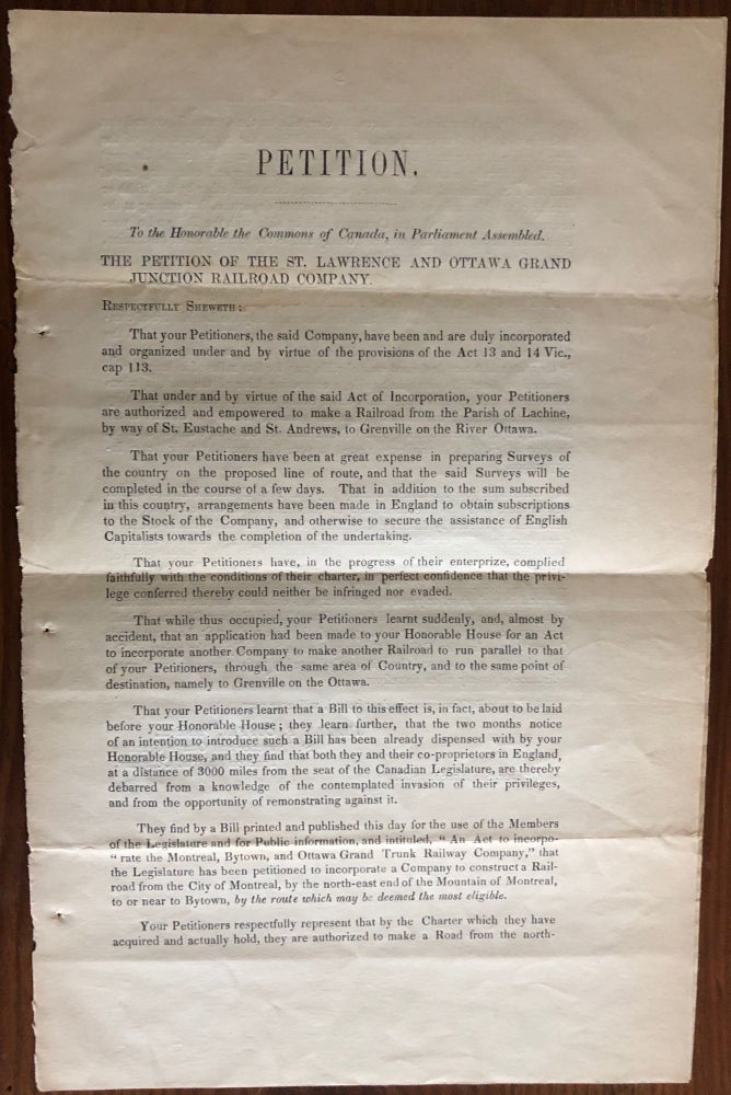 Item #8061 To the Honorable the Commons of Canada, in the Parliament Assembled. The Petition of the St. Lawrence and Ottawa Grand Junction Railroad Company. Legislative Assembly, Robert BELL, provenance.