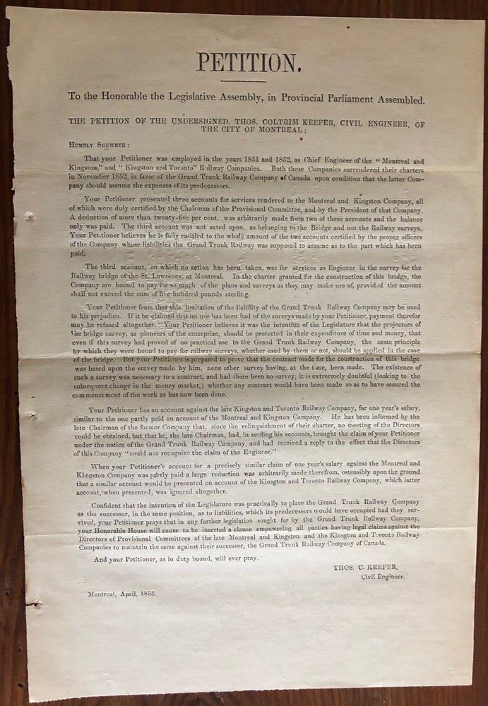 Item #8065 Petition. To the honorable the Legislature in Provincial Parliament Assembled. The Petition of the undersigned, Thos. Coltrim Keefer, Civil Engineer, of the City of Montreal ; Humbly Sheweth :. Legislative Assembly, Robert BELL, provenance.