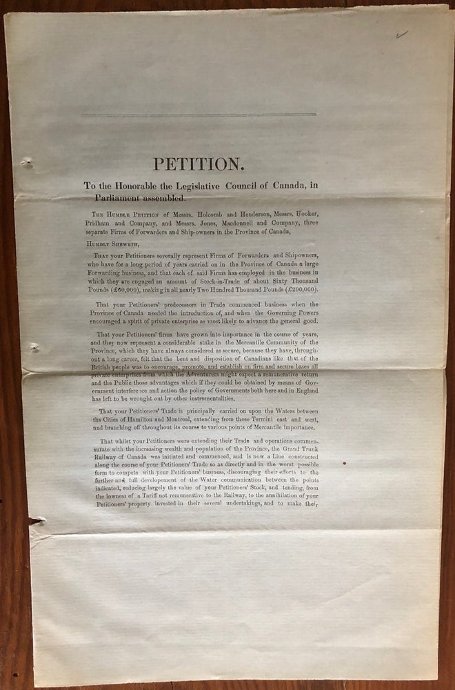 Item #8068 Petition. To the honorable the Legislature in Provincial Parliament Assembled. The Humble Petition from Messrs. Holcomb and Henderson, Messrs. Hooker, Pridham and Company. Legislative Assembly.