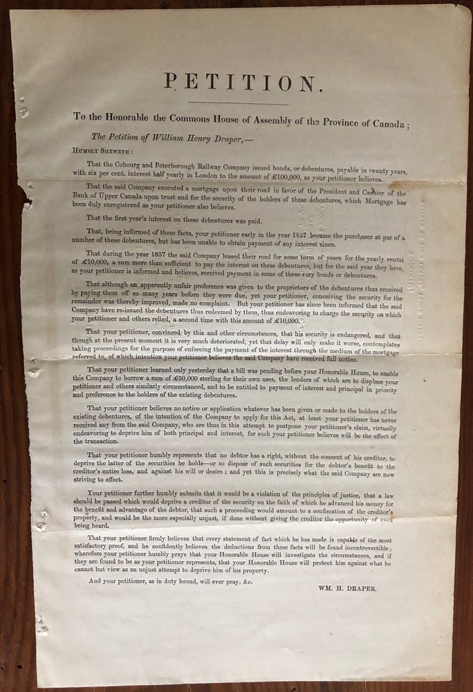 Item #8070 Petition. To the Honorable House of Assembly of the Province of Canada ; The Petition of William Henry Draper. Legislative Assembly, William Henry DRAPPER.