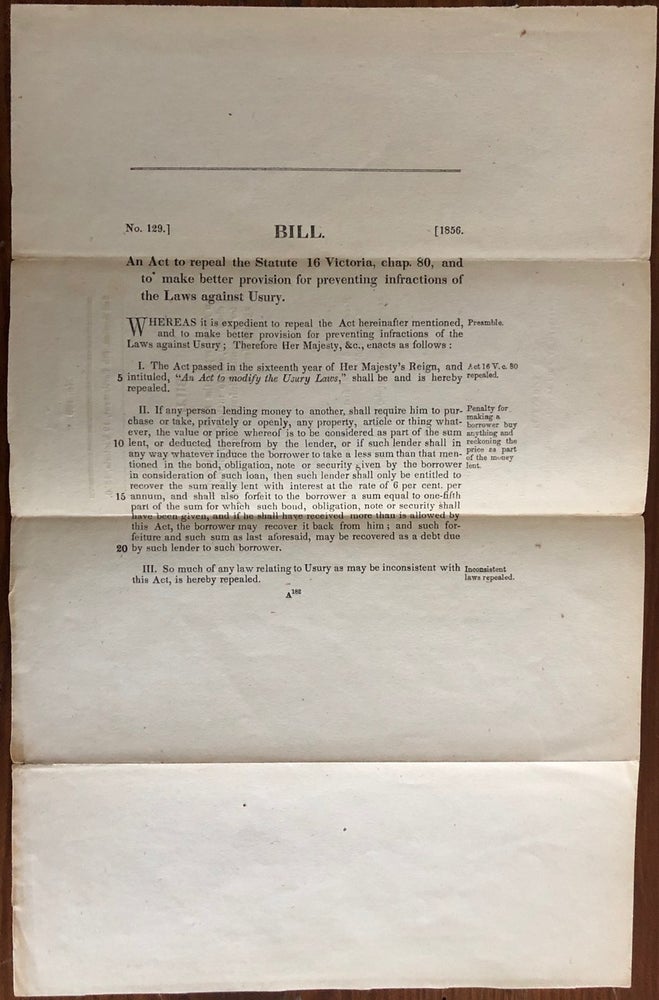 Item #8079 Bill. An Act to repeal the Statute 16 Victoria, chap. 80, and to make better provision for preventing infractions of the Laws against Usury. Legislative Assembly.