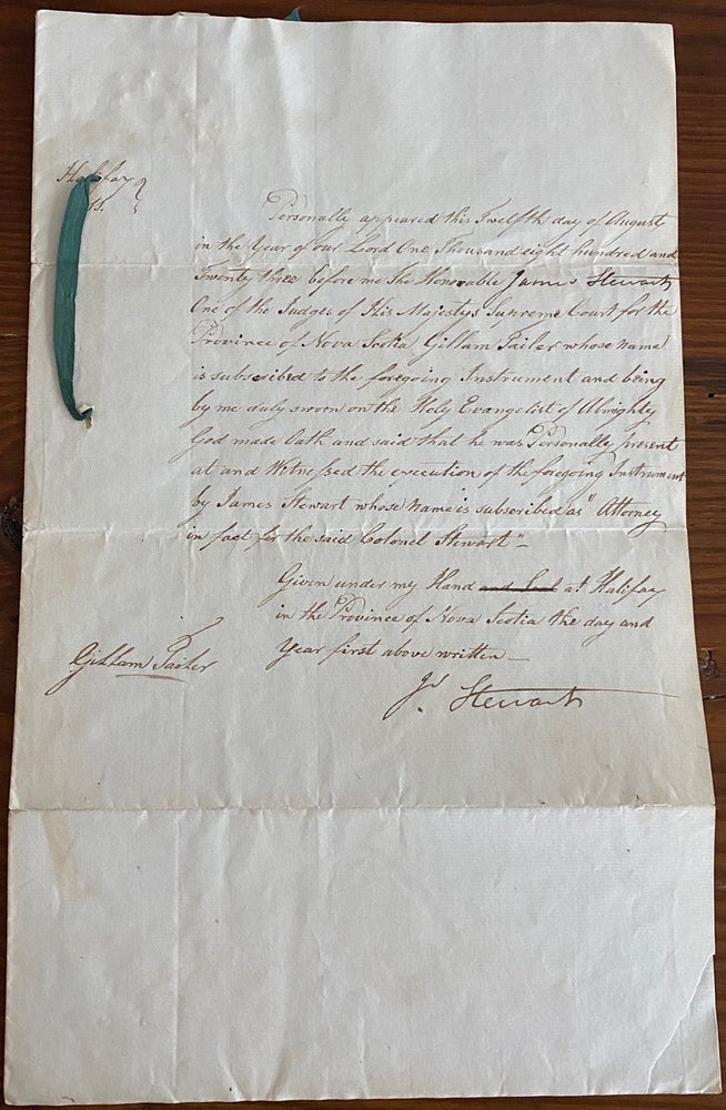 Item #8109 James Stewart, Nova Scotia manuscript document with signature of James Kempt. James STEWART, General Sir James  KEMPT, c.