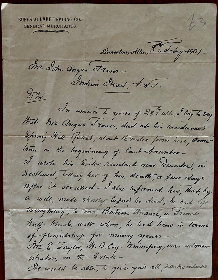 Item #8118 W. Hutchinson of Buffalo Lake Trading Co. In relation to the death and will of Angus Fraser. W. HUTCHINSON.