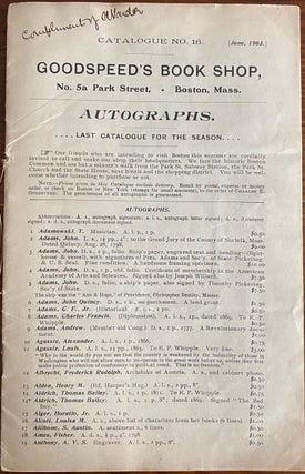 Item #8147 Catalogue No. 16 [June, 1903] Goodspeed's Book Shop Autographs. Charles Eliot GOODSPEED