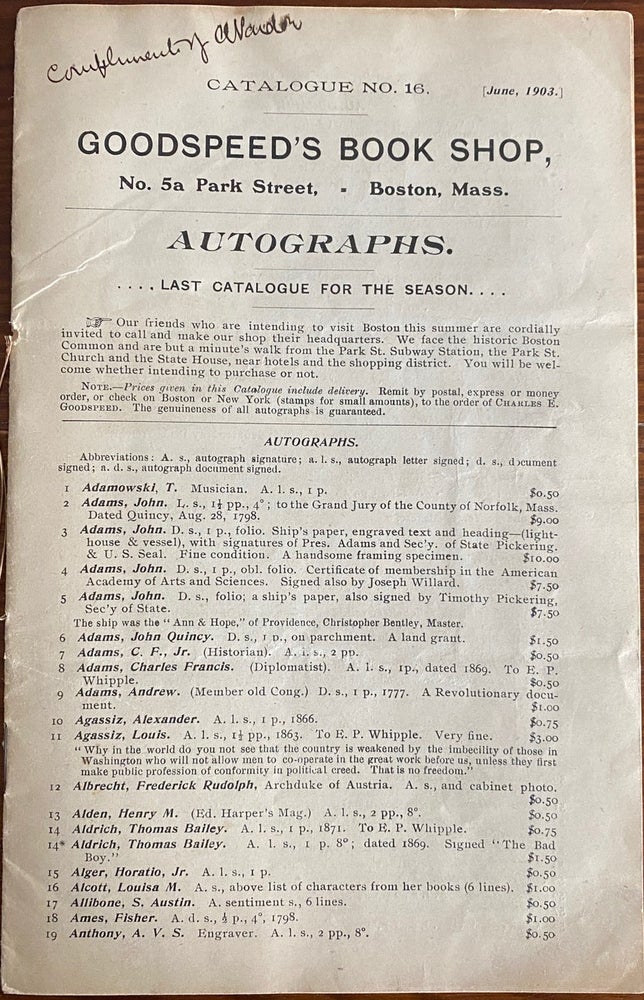 Item #8147 Catalogue No. 16 [June, 1903] Goodspeed's Book Shop Autographs. Charles Eliot GOODSPEED.