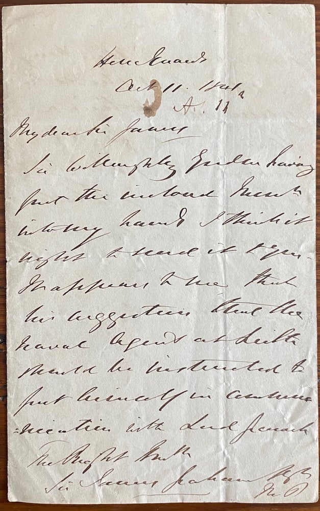Item #8156 Manuscript letter signed to Sir James Graham relating a recommendation by Sir James Willoughby Gordon. Field Marshal FitzRoy James Henry SOMERSET, 1st Baron Raglan, Sir James 2nd Baronet GRAHAM, General Sir James Willoughby GORDON, 1st Baronet, provenance, subject.