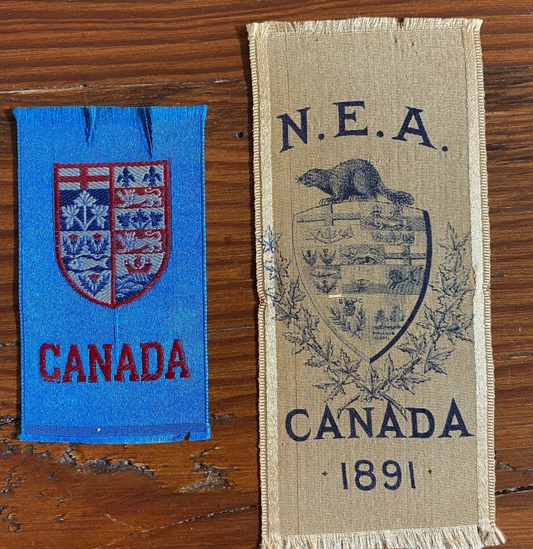 Item #8163 Two Ribbons - N.E.A. Canada. 1891 gold cloth ribbon & Canada blue cloth ribbon. National Education Association.