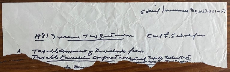 Item #8168 Torn page from Carl Schaefer's Income Tax statement In his hand, and with signature. Carl Fellman SCHAEFER.