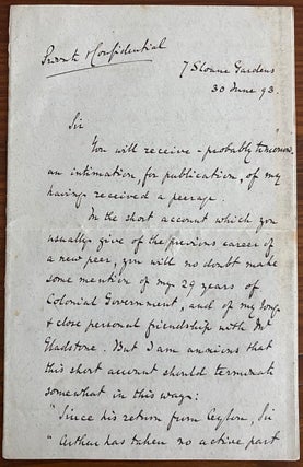 Item #8170 Arthur Charles Hamilton-Gordon, 1st Baron Stanmore three page autographed letter...