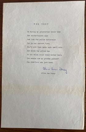 Item #8184 Alice Ann Dorey typescript poem titled "The Test" signed. Alice Ann DOREY