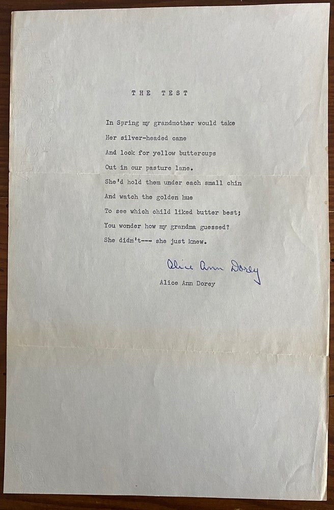 Item #8184 Alice Ann Dorey typescript poem titled "The Test" signed. Alice Ann DOREY.