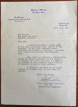 Item #8196 Lt.-Col. G.W.L. Nicholson typed letter signed to editor of the Globe and Mail....